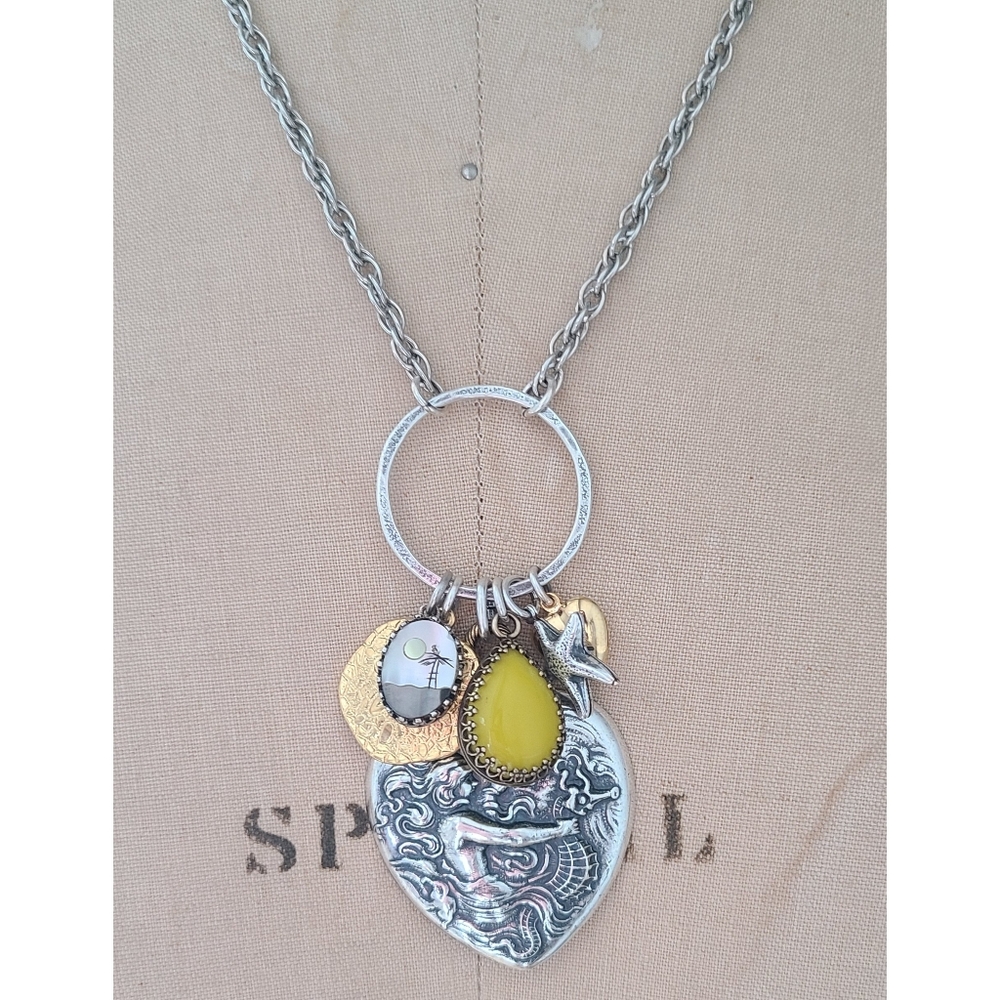 Large Charm Ring Necklace With Vintage Charms And Mermaid Heart